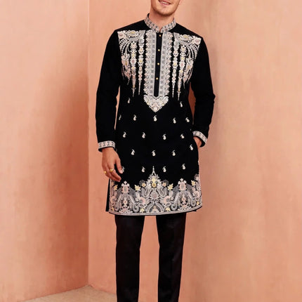 Men's Designer Kurta - Black with Heavy White & Gold Embroidery - Size 44