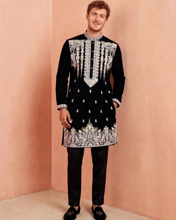 Men's Designer Kurta - Black with Heavy White & Gold Embroidery - Size 44