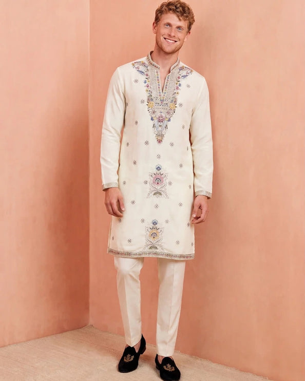 Men's Designer Kurta - Ivory with Multicolor Floral Embroidery - Size 42