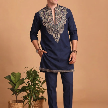 Men's Designer Kurta - Navy Blue with Gold Paisley Embroidery - Size 42
