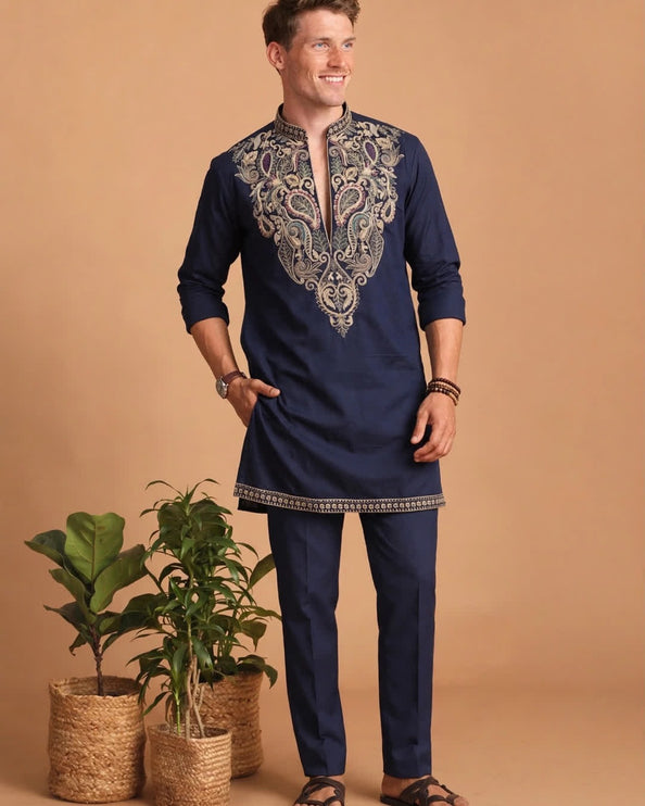 Men's Designer Kurta - Navy Blue with Gold Paisley Embroidery - Size 42