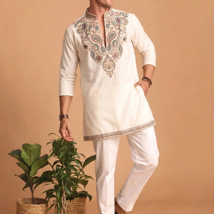 Men's Designer Kurta - Ivory with Paisley Embroidery - Size 40