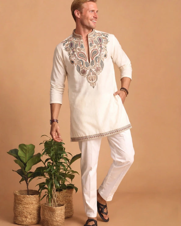 Men's Designer Kurta - Ivory with Paisley Embroidery - Size 40