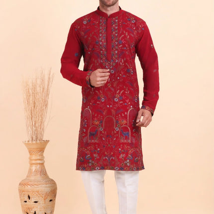 Men's Designer Kurta - Red with All-Over Multicolor Floral Embroidery - Size 42
