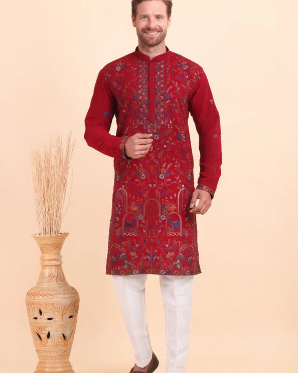 Men's Designer Kurta - Red with All-Over Multicolor Floral Embroidery - Size 42