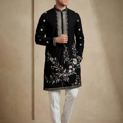 Men's Designer Kurta - Black with White Floral Embroidery - Sizes 42, 44