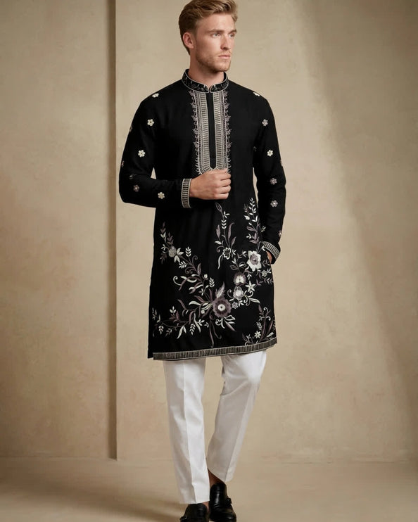 Men's Designer Kurta - Black with White Floral Embroidery - Sizes 42, 44