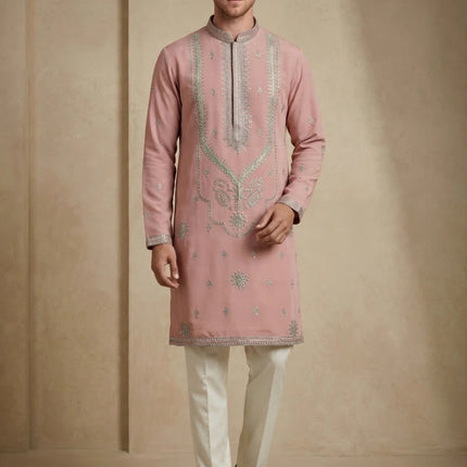 Men's Designer Kurta - Mauve with Silver Embroidery - Sizes 36, 38, 40, 42