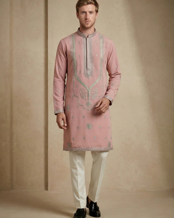 Men's Designer Kurta - Mauve with Silver Embroidery - Sizes 36, 38, 40, 42