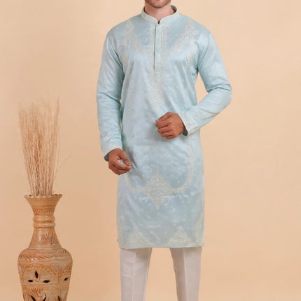 Men's Designer Kurta - Light Blue with White Embroidery - Sizes 38, 42, 44, 46, 48, 49