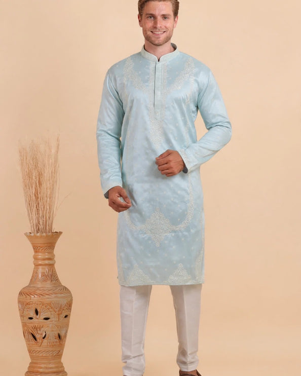 Men's Designer Kurta - Light Blue with White Embroidery - Sizes 38, 42, 44, 46, 48, 49