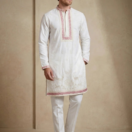 Men's Designer Kurta - White with Mauve Embroidery Trim and Deer Motifs - Sizes 44, 46