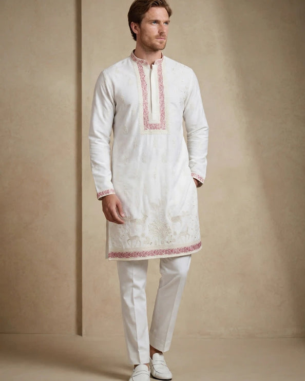 Men's Designer Kurta - White with Mauve Embroidery Trim and Deer Motifs - Sizes 44, 46
