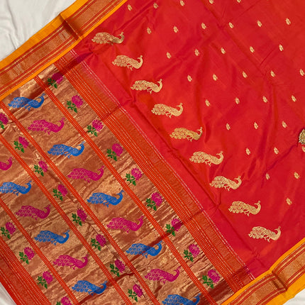 Authentic Paithani from Yeola | 100% handwoven Pure Silk saree |Light Orange|Dual shade|Yellow Border|Silk Mark Certified