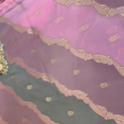 Banarasi Rangkat Silk Saree |Stripes small motif weaving all over Pink/Grey/Light Lavender intricate border| fall pico tassels done