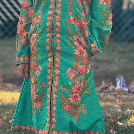 Luxury Aari /Tussar Silk Ladies long Jacket | woven Kashmir Artwear | Statement fashion wear | Kashmir Winter Dresses|kneee length| size 42