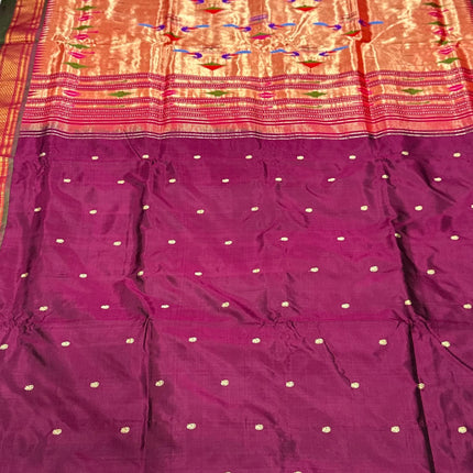 Authentic Maharani Paithani from Yeola| 100% handwoven Pure Silk saree in Maroon Color with light Deep Olive border|Silk Mark Certified
