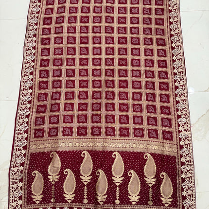 100% Pure Bandhani silk saree|Embroidered  handwork Saree/ Gharchola Pattern/ Maroon color /fall pico done