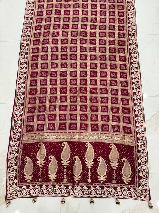 100% Pure Bandhani silk saree|Embroidered  handwork Saree/ Gharchola Pattern/ Maroon color /fall pico done