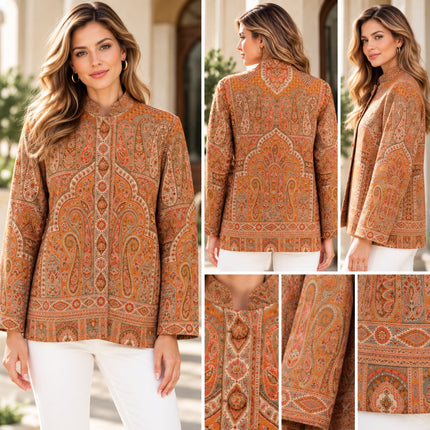 Kani Jamawar women's short winter jacket, orange paisley, model views and closeups