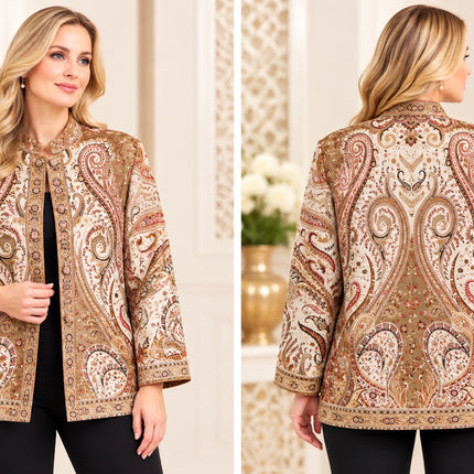 Kani Jamawar women's winter jacket, beige paisley, front and back views on model