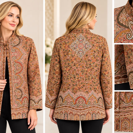Kani Jamawar women's short winter jacket, rust paisley, front, back and fabric detail collage