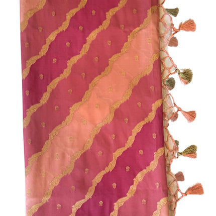 Banarasi Rangkat Silk Saree |Stripes/ small motif weaving all over the saree | Fuschia pink/Light pink/Light golden intricate border
