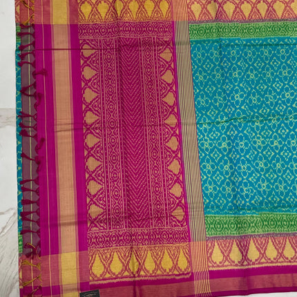 Handloom Rajkot Patol silk saree  with pure silk weaving sareepaired with running silk blouse l  Firozi blue/Magenta pink