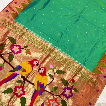Authentic Designer Diamond shape Border Paithani from Yeola| Pure Silk saree in   with Seagreen  with Gold  border|Silk Mark Certified