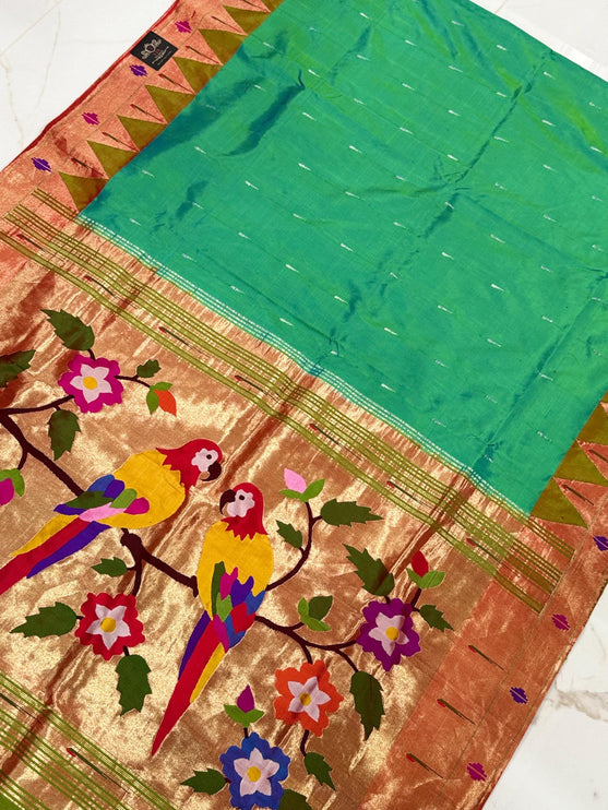 Authentic Designer Diamond shape Border Paithani from Yeola| Pure Silk saree in   with Seagreen  with Gold  border|Silk Mark Certified