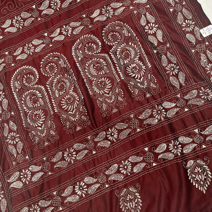 Hand Stitched Kantha Silk Saree | White Thread Kantha stitching | Village Art Work allover | Fall Pico Tassels done