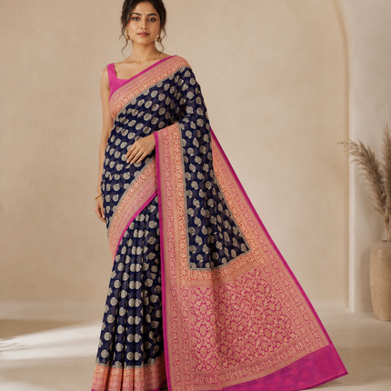 Banarasi Khaddi Georgette Saree: 3D Zari Butta, Deep Blue & Pink