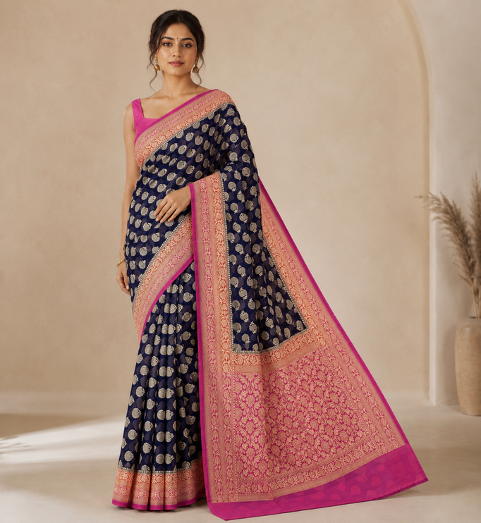 Banarasi Khaddi Georgette Saree: 3D Zari Butta, Deep Blue & Pink