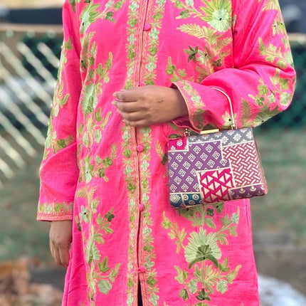 Luxury Aari /Tussar Silk Ladies long Jacket | woven Kashmir Artwear | Statement fashion wear | Kashmir Winter Dresses|kneee length| size 42