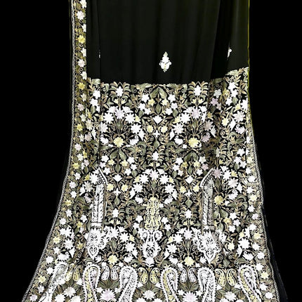 Carbon Black Multicolored Embroidered|Pure ITALIAN CREPE SILK|Parsi Gara   Saree|  Hand Embroidered | Fall pico done