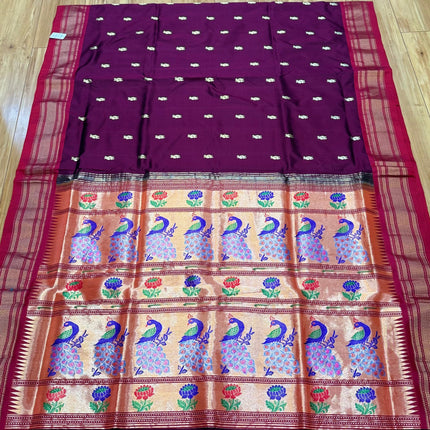 Authentic Maharani Paithani from Yeola| 100% handwoven Pure Silk saree in Maroon Color with light Deep Red border|Silk Mark Certified