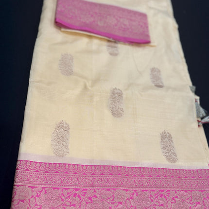Pure Banarasi Kaduwa Silk Saree | Motifs weaving and beige pearl / dusty pink  border | Hand Woven | Lock weaving| Silk Mark certified