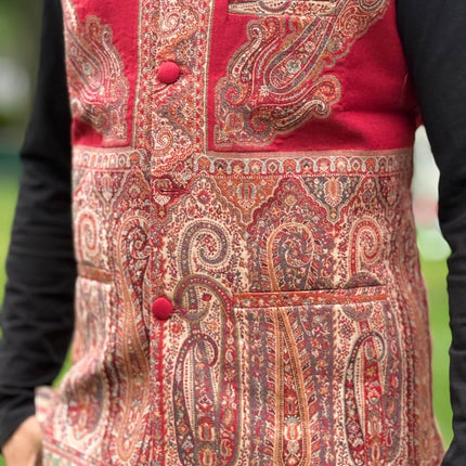 Kani pashmina Jamawar  MENS WOVEN Paisley waistcoats, structured slim fit |Red  foundation | Statement fashion wear| size 44,46,48
