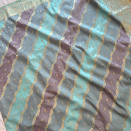 Banarasi Rangkat Silk Saree |Stripes small motif weaving all over | Aqua Blue/Grey/Light Lavender intricate border| fall pico tassels done