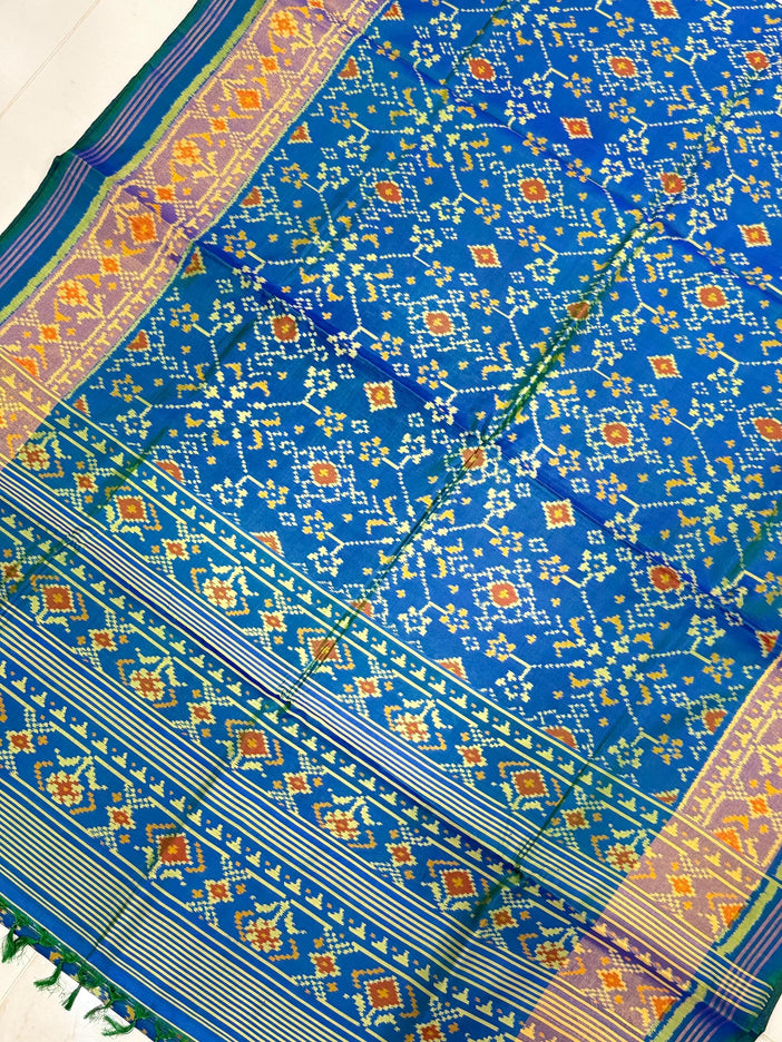 Handloom Designer Rajkot Patol silk saree  with pure silk weaving sareepaired with running silk blouse l  Peacock Blue