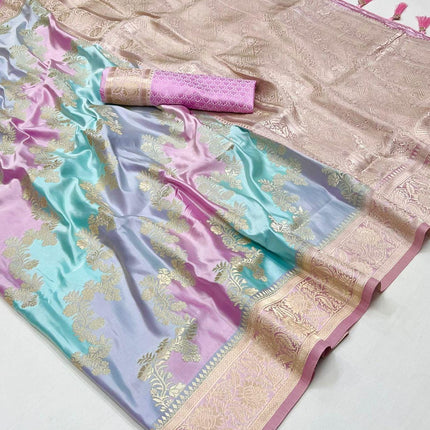 Handloom Banarasi satin silk saree  with Rangkat handloom weaving all over the saree | paired with satin silk blouse | Pink Powder Blue Gray