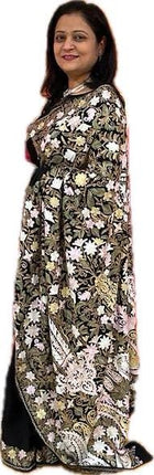 Carbon Black Multicolored Embroidered|Pure ITALIAN CREPE SILK|Parsi Gara   Saree|  Hand Embroidered | Fall pico done