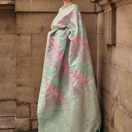 Handloom Banarasi satin silk saree  with Rangkat satin handloom weaving all over the saree paired with satin silk blouse|Pista pink lavender