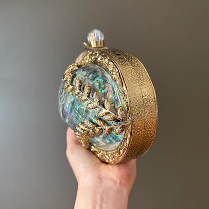 Luxury Abalone Shell & Gold Clutch | Elegant Mother of Pearl Handbag | Unique Statement Evening Bag with Chain