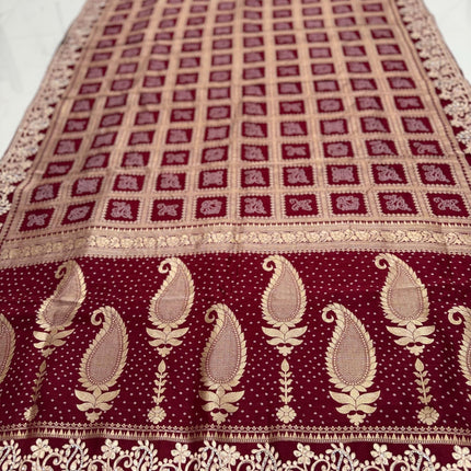 100% Pure Bandhani silk saree|Embroidered  handwork Saree/ Gharchola Pattern/ Maroon color /fall pico done