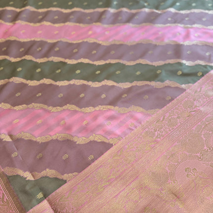 Banarasi Rangkat Silk Saree |Stripes small motif weaving all over Pink/Grey/Light Lavender intricate border| fall pico tassels done