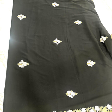 Carbon Black Multicolored Embroidered|Pure ITALIAN CREPE SILK|Parsi Gara   Saree|  Hand Embroidered | Fall pico done