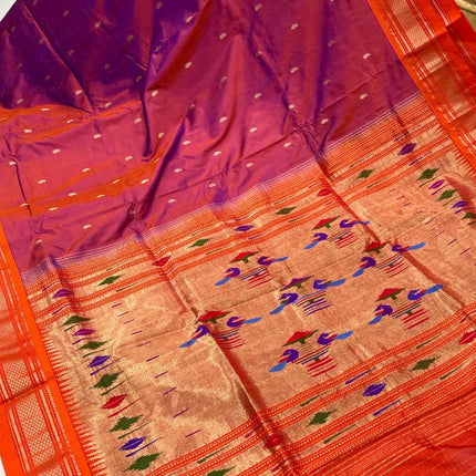 Authentic Maharani Paithani from Yeola| 100% handwoven Pure Silk saree in Magenta Color with light Deep Orange border|Silk Mark Certified