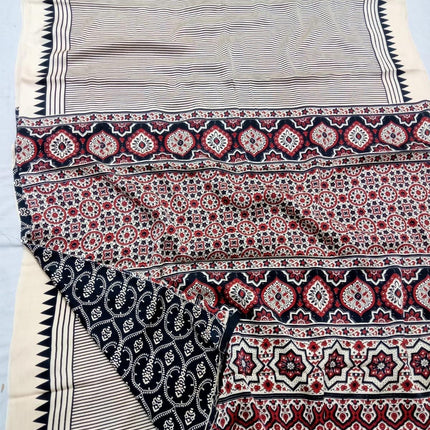 100% Silk  Modal saree  | Hand block Ajrakh print with Blouse piece| fall pico done