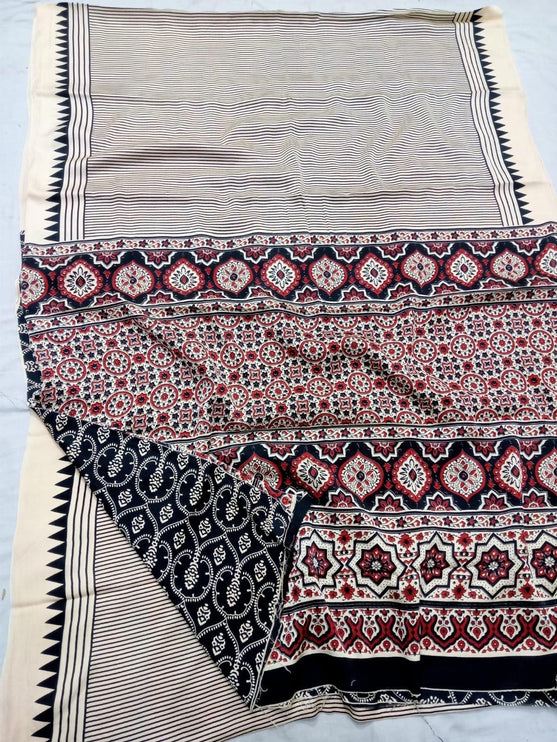 100% Silk  Modal saree  | Hand block Ajrakh print with Blouse piece| fall pico done
